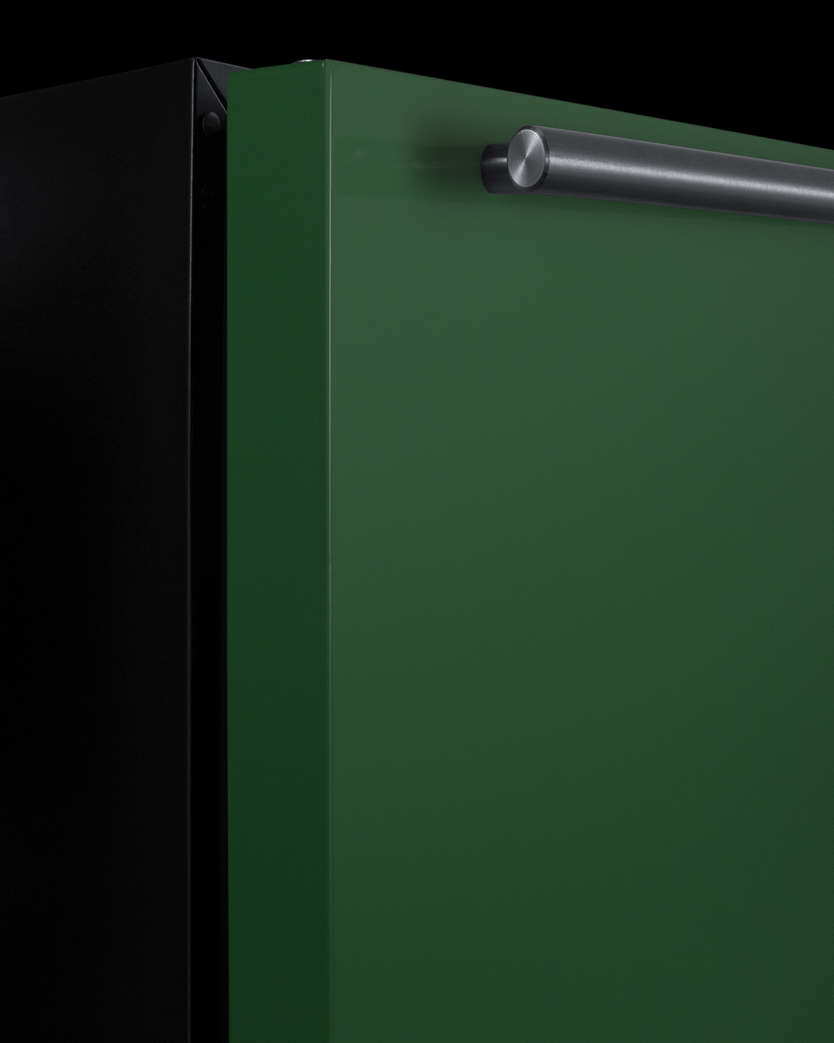24 in. wide ADA height refrigerator-freezer for residential use with an emerald green door, stainless steel handle, and black cabinet